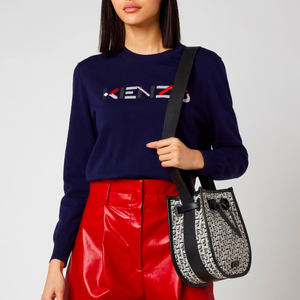 NEW KENZO Knit Monogram Jacquard Pink Leather Trim Bucket Crossbody Bag